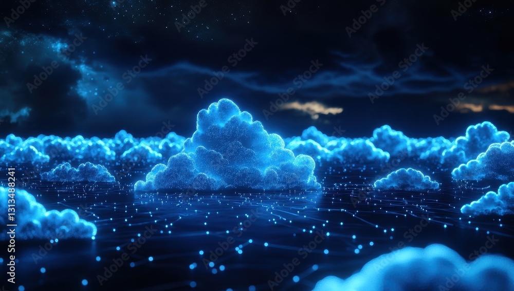 Aufkleber ethereal digital clouds illuminated in blue light against a dark nebula sky, creating a surreal atmo