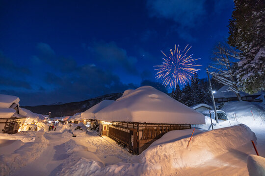 Fireworks on snow festival at Ouchijuku village, Fukushima, Japan 大内宿