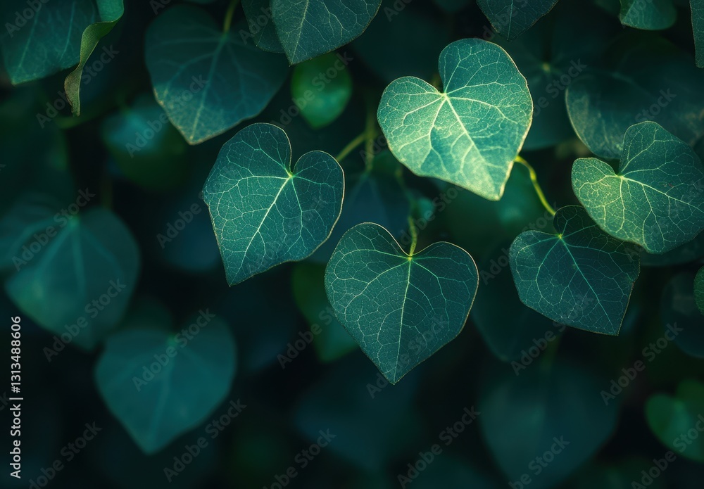 Aufkleber lush green heart-shaped leaves illuminated by soft light creating a serene and tranquil nature scene