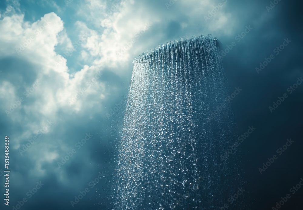 Poster ethereal waterfall cascading from dark clouds into mystical atmosphere with glimmering water droplet