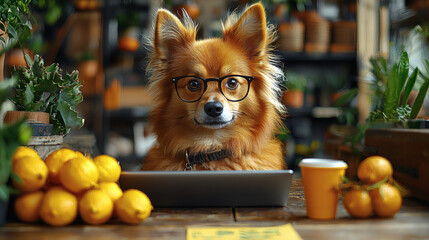 Smart Dog with a Basket of Lemons