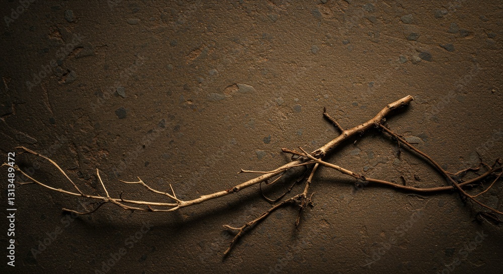 Poster a branch is laying on the ground with a brown background. the branch is long and thin, and it is a p