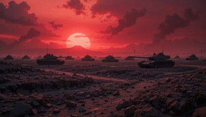 Obraz premium Tanks in Desert Landscape Under Dramatic Red Sunset Sky