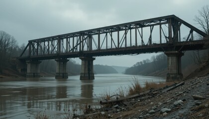 Obraz premium Industrial Train Bridge Over a River in Foggy Weather Landscape