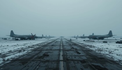 Fototapeta premium Abandoned Military Aircraft on a Snowy Runway Under Foggy Sky