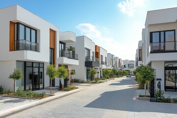 Fototapeta premium Modern townhouses with white walls, black windows, and trees on both sides, captured in a panoramic view under a clear blue sky.