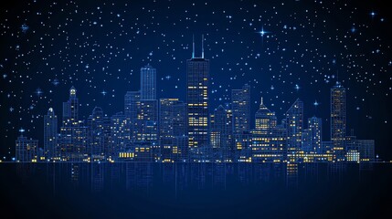 Naklejka premium Abstract cityscape at night with starlight a dark blue tone futuristic urban panorama of glowing modern buildings and reflective water below
