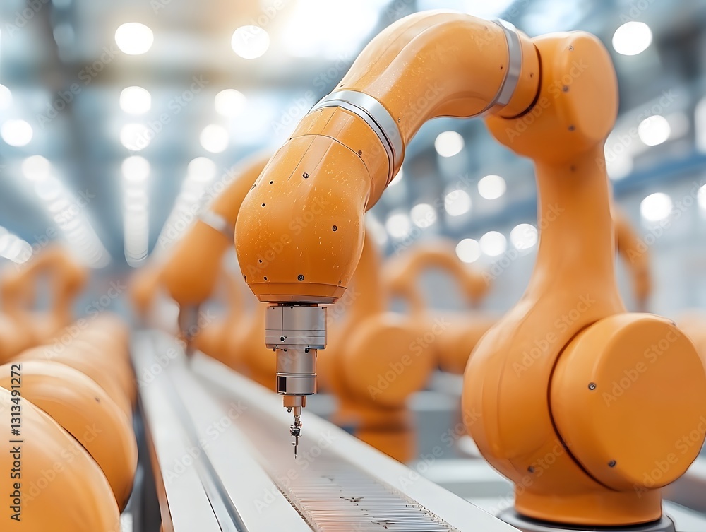 Poster advanced robotic arm working on a conveyor in a futuristic automated production environment with rea