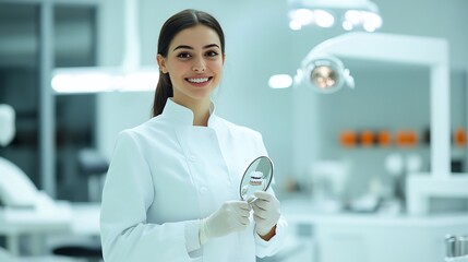 Young female dentist in a white uniform smiling confidently while holding a dental mirror standing in a modern clinic with advanced equipment