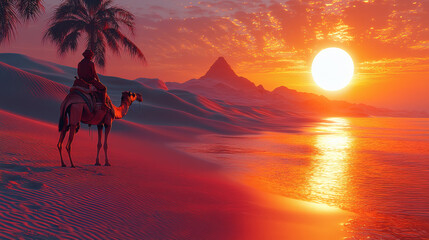 A Man and a Camel Walking in the Desert Sunset
