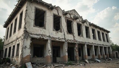 Obraz premium Abandoned Historical Building with Cracked Walls and Broken Windows