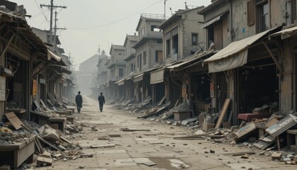Abandoned Urban Street Following Disaster with Two Figures Walking