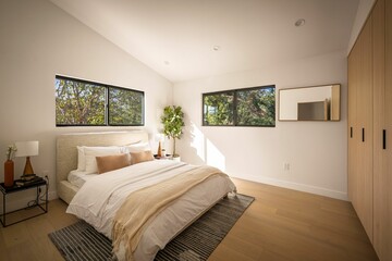 Fototapeta premium Contemporary Bedroom with Large Windows and Modern Decor