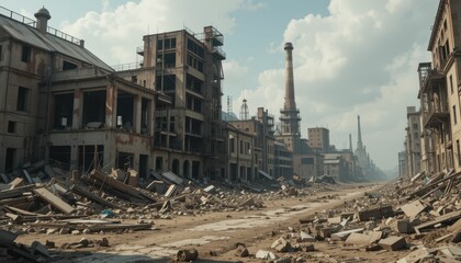 Fototapeta premium Abandoned Industrial Complex with Ruins and Overgrown Streets