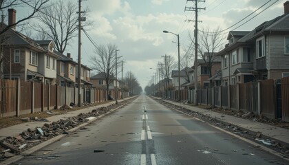 Fototapeta premium Abandoned Urban Street with Debris and Overcast Sky