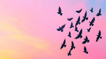 Flock of Birds in Silhouette Against Colorful Sunset Sky
