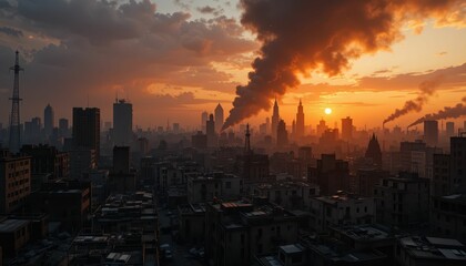 Fototapeta premium Stunning Urban Skyline with Dramatic Sunset and Pollution Clouds