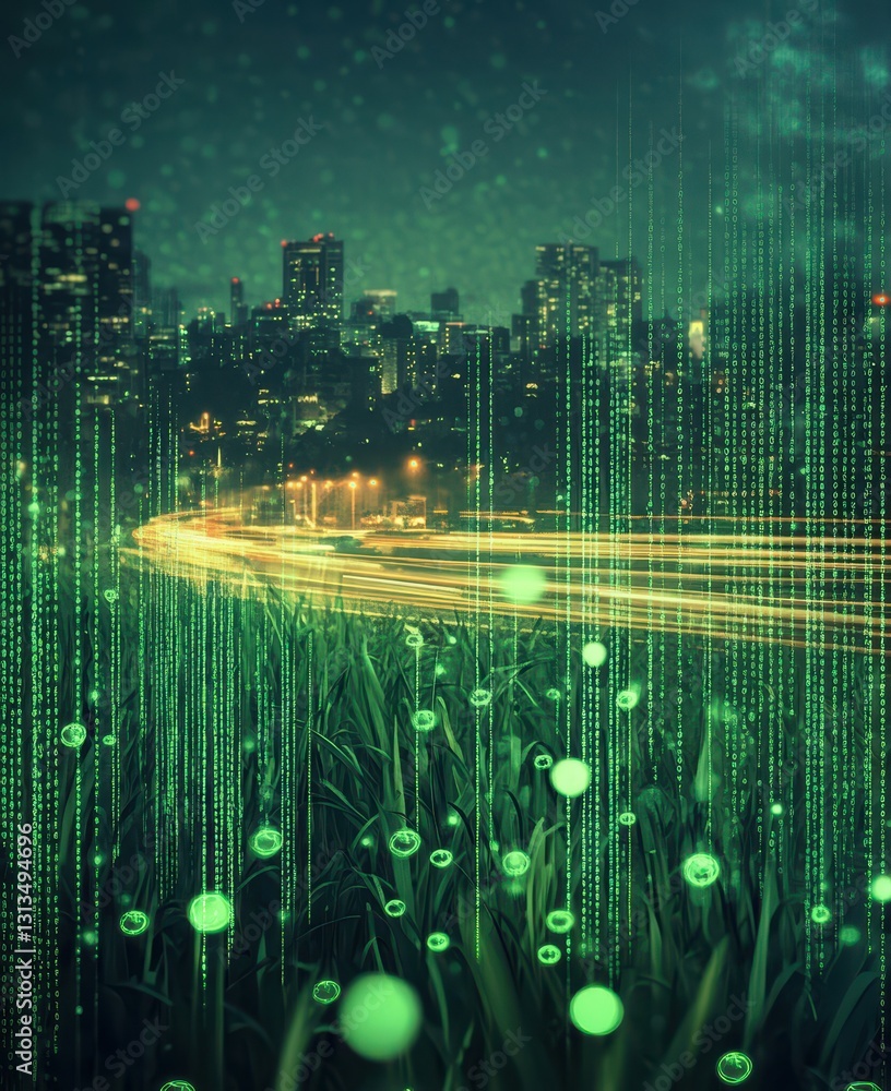 Aufkleber futuristic cityscape with glowing green binary code above grass field during night, showcasing the i