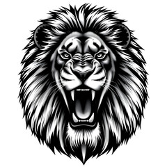 Obraz premium A striking black-and-white depiction of a lion's head and torso, capturing the majestic essence of its fierce roar. The centered visage conveys raw power, eyes piercing from beneath a proud mane