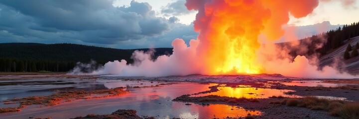 Fototapeta premium Powerful hydrothermal eruption at Lone Star Geyser, Yellowstone National Park , boiling water, photography