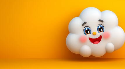 Obraz premium A cheerful cartoon cloud with a big smile and bright blue eyes set against a vibrant yellow background, conveying a playful and joyful atmosphere.