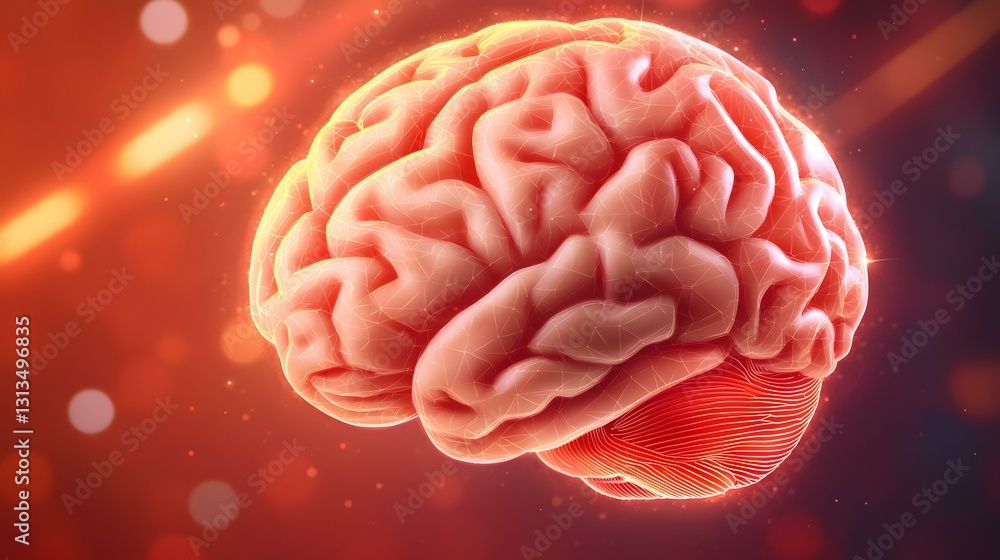Poster the image shows a detailed 3d rendering of a human brain, highlighted with a glowing, wireframe effe