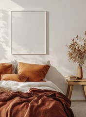 Warm bedroom with empty frame, boho decor