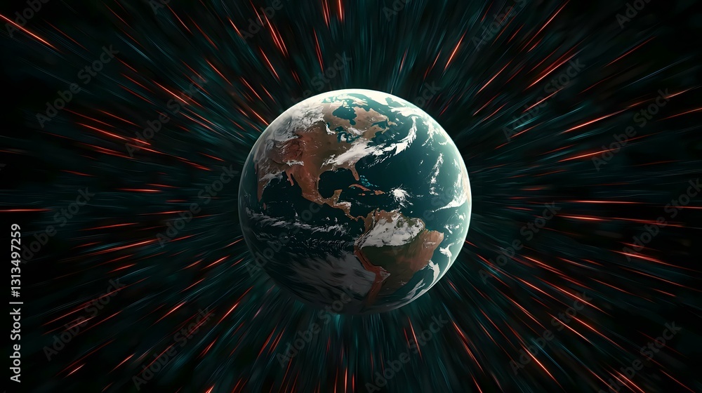 Poster the image shows a detailed rendering of planet earth, centered and prominently displayed, with a bac