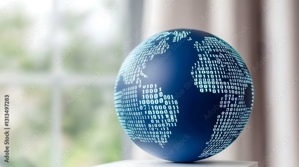 Aufkleber a dark blue globe rests on a white surface, its surface textured with glowing teal binary code.