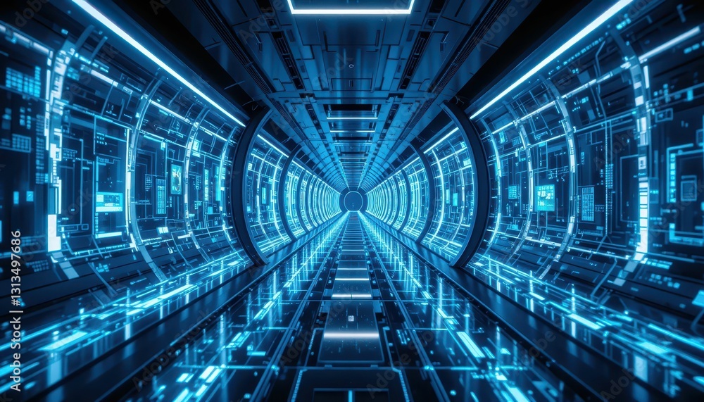 Poster futuristic neon tunnel with high-tech digital circuit design