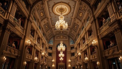 Obraz premium Elegant Interior of Historic Theater with Crystal Chandeliers