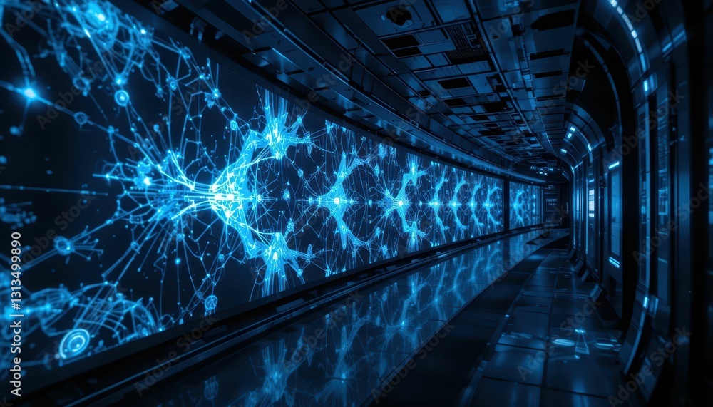 Poster futuristic corridor with glowing blue circuit patterns and design