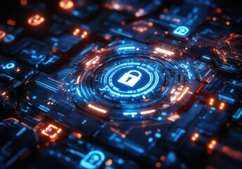 Futuristic digital security technology abstract with glowing lock symbol amidst vibrant circuits and data patterns in deep blue and orange tones