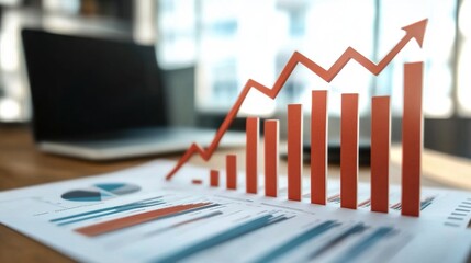 Upward Trend in Sales Performance Illustrated with Red Arrows on Bar Charts Next to Financial Documents on Office Desk, Blurred Background with Laptops, Depicting Business Growth and Commercial Succes