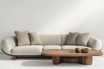 Modern beige sofa and wood coffee table in minimalist living room
