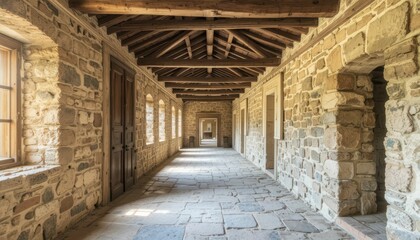 Serene Stone Corridor with Wooden Beams in Historic Building