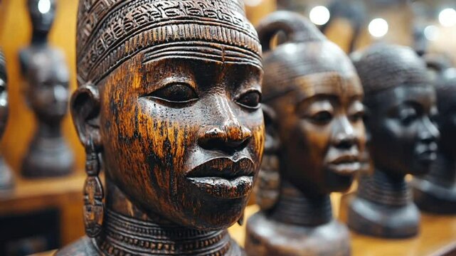 African Wooden Head Sculptures Display