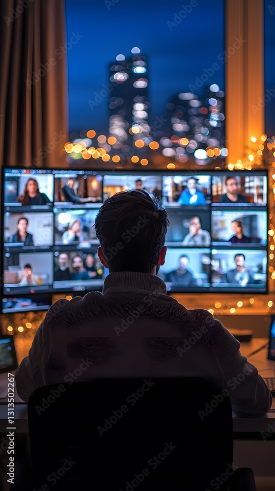 Poster a man engaged in remote team collaboration while working at a desk surrounded by multiple monitors a