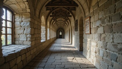 Fototapeta premium Serene Stone Corridor in Historic Monastery Bathed in Natural Light