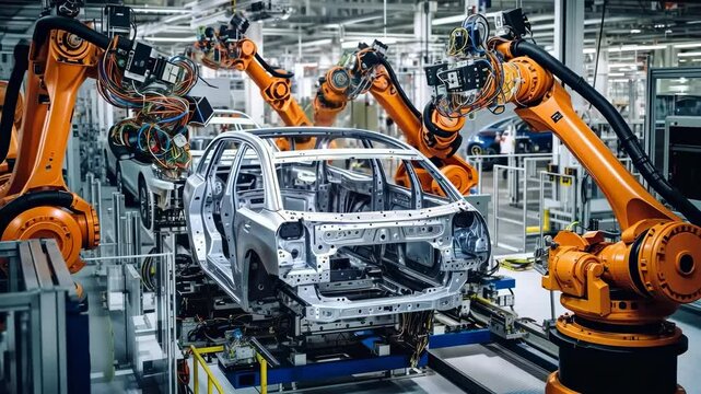 High-angle video of an automotive assembly line with robotic arms working on a car frame, showcasing modern industrial automation and precision.