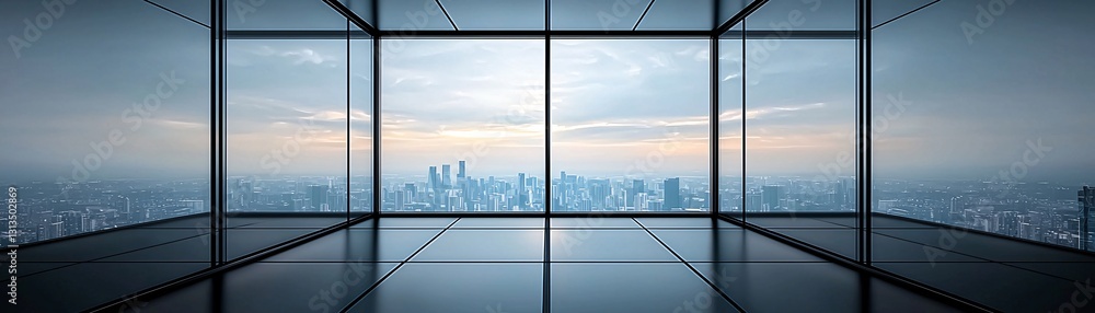 Poster a futuristic city skyline reflected in the glass facade of a towering skyscraper, merging architectu
