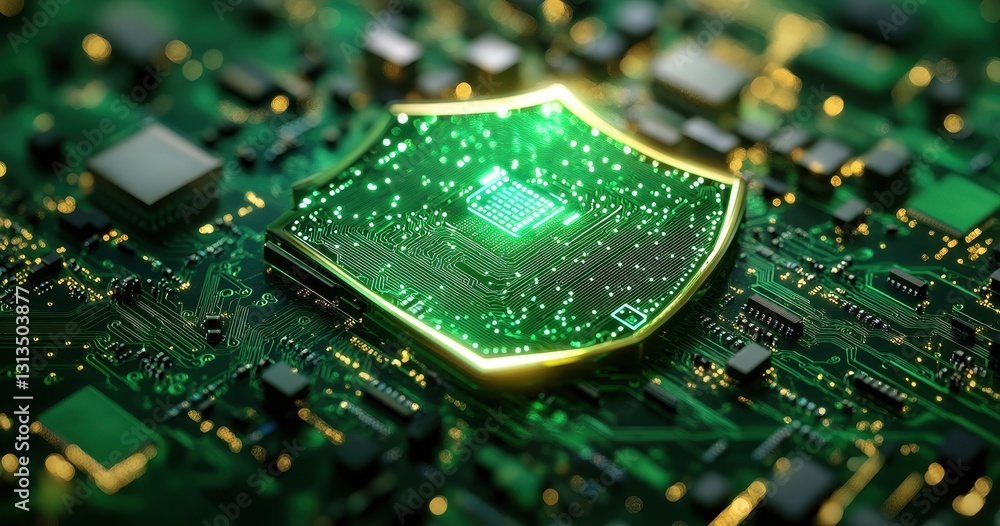 Poster green glowing shield on a circuit board representing digital security and technology innovation in a