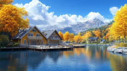 Picturesque alpine lake reflecting autumn foliage and charming boathouses against majestic mountains under a partly cloudy sky