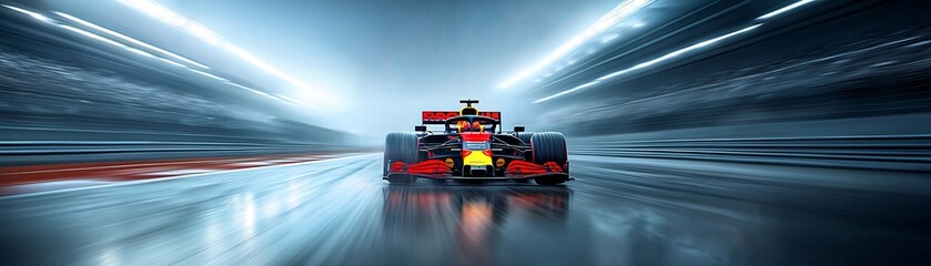 Naklejka premium A high-speed shot of a Formula 1 car reflected in a rain-soaked track under stadium lights, adrenaline-fueled action, sleek modern design, motion blur effect, hyper-realistic detail, sports