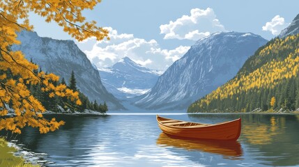 Obraz premium Serene Mountain Lake View with a Classic Canoe, Crisp Autumn Foliage and Tranquil Waterscape Perfect for Nature and Adventure Imagery