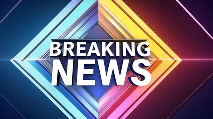 Dynamic breaking news video graphic with a low-angle view. Bold text overlays colorful geometric shapes, creating a sense of urgency and excitement.