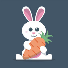 cute white rabbit holding carrot in isolated flat design
