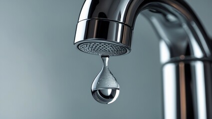 Close-up of a water drop falling from a chrome faucet