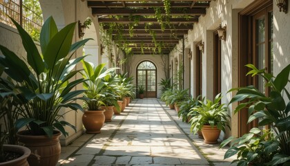 Fototapeta premium Serene Interior Garden Walkway with Lush Green Plants and Light