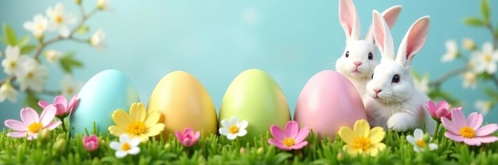 Pastel colored eggs with spring flowers, bunny ears , digital art, graphics, decoration